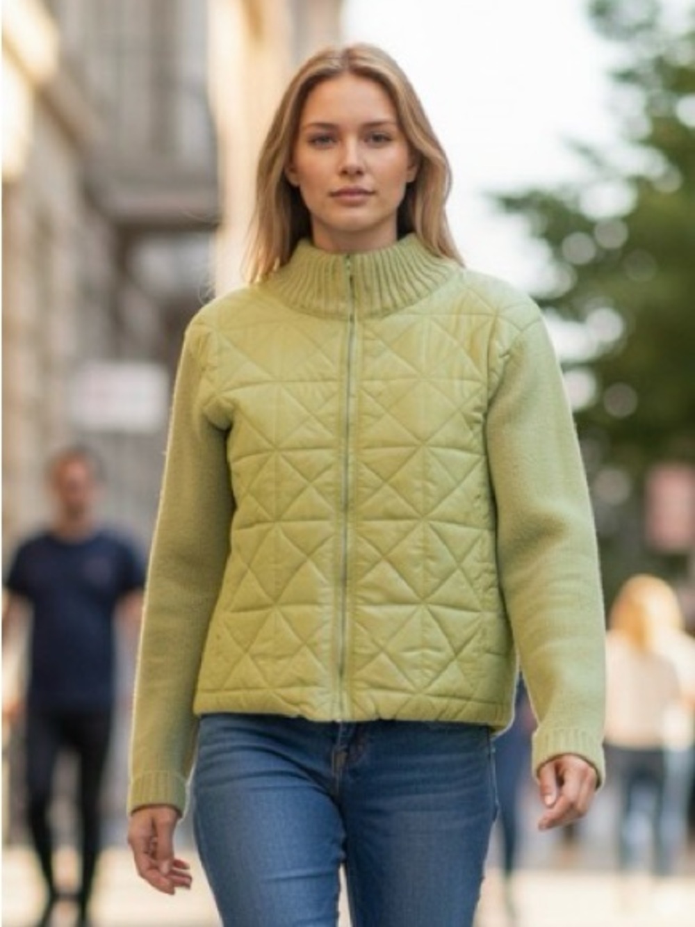 Coldwater Creek Green Quilted Knit Hybrid Zip Up Jacket Sweater Size M Cabincore
